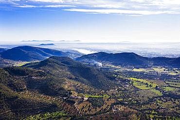 View from Puig d'Alaro, near Alaro, Serra de Tramuntana, aerial view, Majorca, Balearic Islands, Spain, Europe