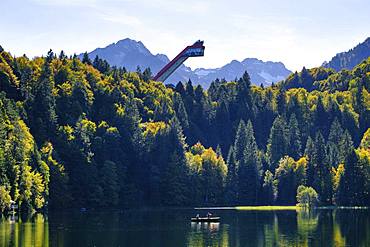 Lake Freiberg and Heini-Klopfer ski jump, near Oberstdorf, Oberallgaeu, Allgaeu, Swabia, Bavaria, Germany, Europe