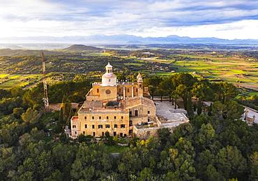 Monastery Santuari de Bonany in the evening light, near Petra, drone picture, Majorca, Balearic Islands, Spain, Europe