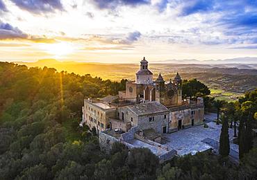 Monastery Santuari de Bonany at sunset, near Petra, drone picture, Majorca, Balearic Islands, Spain, Europe