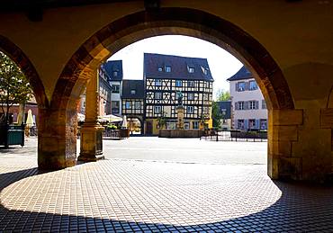 Half-timbered houses, Schwendi Fountain at Place de Ancienne Douane, Colmar, Alsace, France, Europe