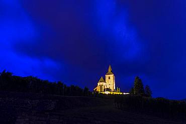 Thunderclouds over the church of Saint-Jaques-le-Majeur, Hunawihr, Haut-Rhin Department, France, Europe