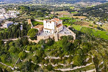 Aerial photos, Arta with parish church Transfiguracio del Senyor and monastery Santuari de Sant Salvador at the Calvary, Majorca, Balearic Islands, Spain, Europe