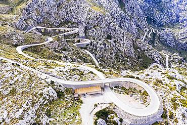 Serpentine road MA-2141 with tie knots Sa Moleta, Sa Calobra, Serra de Tramuntana, drone recording, Majorca, Balearic Islands, Spain, Europe