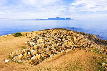 Necropolis of Son Real, Punta des Fenicis near Can Picafort, in the back peninsula Victoria, drones shot, Majorca, Balearic Islands, Spain, Europe