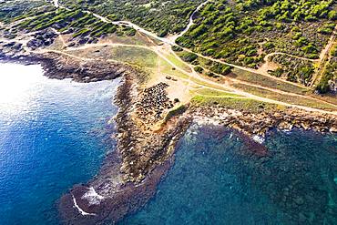 Necropolis of Son Real, Punta des Fenicis near Can Picafort, drone image, Majorca, Balearic Islands, Spain, Europe