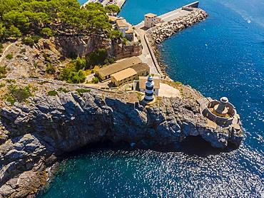 Aerial view, Port de Soller, Serra de Tramuntana, bay and marina with lighthouse, Majorca, Balearic Islands, Spain, Europe