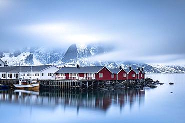 Rorbuer cabins from Hamnoy by the fjord, Hamnoy, Moskenesoya, Lofoten, Norway, Europe