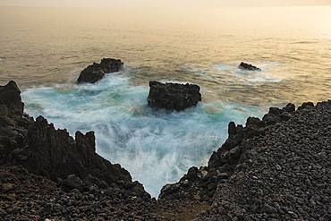 Detail and long time exposure of water at the coast, evening mood at the Atlantic coast, La Palma, Canary Islands, Canary Islands, Spain, Europe