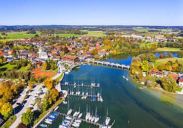 Seebruck with marina, outflow of the Alz from the Chiemsee, Chiemgau, Alpine foreland, aerial view, Upper Bavaria, Bavaria, Germany, Europe