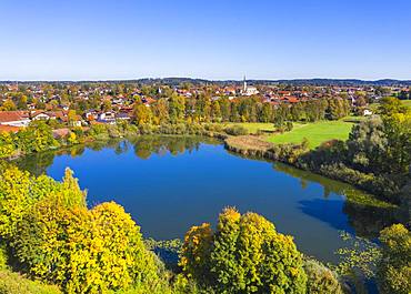 Pfeffersee and Chieming, Chiemgau, Alpine foreland, aerial view, Upper Bavaria, Bavaria, Germany, Europe