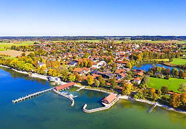 Pier and harbour in Chieming, Chiemsee and Pfeffersee, Chiemgau, Alpine foreland, aerial view, Upper Bavaria, Bavaria, Germany, Europe