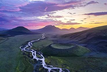 Aerial view, volcanic crater, interlaced river, Landmannalaugar region, Icelandic highlands, Iceland, Europe