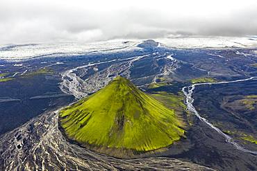 Aerial view, Maelifell mountain covered with moss, Maelifell, black sand desert Maelifellssandur, behind glacier Myrdalsjoekull, Icelandic highlands, Iceland, Europe