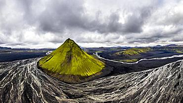 Aerial view, Maelifell mountain covered with moss, Maelifell, black sand desert Maelifellssandur, behind glacier Myrdalsjoekull, Icelandic highlands, Iceland, Europe