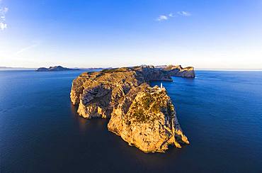 Cap Formentor with lighthouse in the morning light, Formentor peninsula, near Pollenca, aerial view, Majorca, Balearic Islands, Spain, Europe