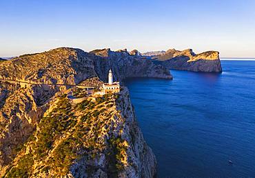 Cap Formentor with lighthouse in the morning light, Formentor peninsula, near Pollenca, aerial view, Majorca, Balearic Islands, Spain, Europe