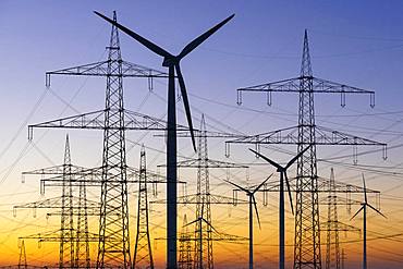 Photomontage, power lines, overhead lines, high voltage pylons, wind turbines, Baden-Wuerttemberg, Germany, Europe