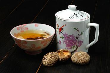 Shiitake tea in bowl, teapot and shiitake mushrooms, Germany, Europe