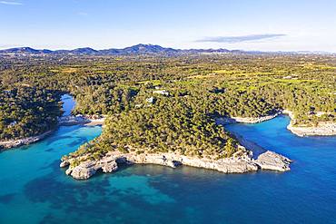 Calo d'en Garrot and Calo des Borgit, Mondrago Natural Park, near Santanyi, aerial view, Migjorn region, Mediterranean Sea, Majorca, Balearic Islands, Spain, Europe