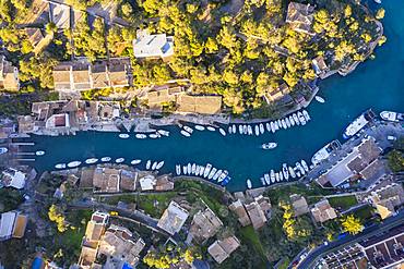 Fishing harbour in Cala Figuera from above, near Santanyi, aerial view, region Migjorn, Mediterranean Sea, Majorca, Balearic Islands, Spain, Europe