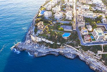 Holiday settlement in Cala Figuera, near Santanyi, aerial view, region Migjorn, Mediterranean Sea, Majorca, Balearic Islands, Spain, Europe