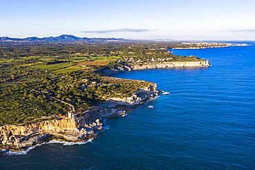 Steep coast with watchtower Torre d'en Beu near Cala Figuera, near Santanyi, aerial view, Migjorn region, Mediterranean Sea, Majorca, Balearic Islands, Spain, Europe