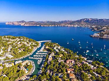 Aerial photo, view of Santa Ponca and the marina of Santa Ponca, behind the Serra de Tramuntana, Majorca, Balearic Islands, Spain, Europe