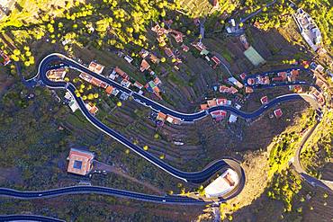 Serpentines and church San Antonio, Valle Gran Rey, aerial view, La Gomera, Canary Islands, Spain, Europe