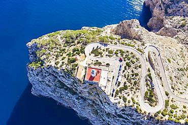 Lighthouse at Cap Formentor, Formentor peninsula, near Pollenca, drone shot, Majorca, Balearic Islands, Spain, Europe