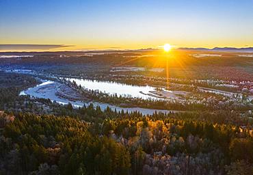 Ickinger Reservoir and Isar at sunrise in winter, nature reserve Isarauen, near Icking, drone shot, Upper Bavaria, Bavaria, Germany, Europe