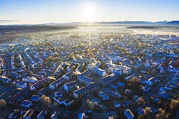 Wolfratshausen in winter at sunrise, drone shot, Alpine foreland, Upper Bavaria, Bavaria, Germany, Europe