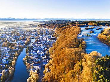 Wolfratshausen with Loisach and mountain forest in winter, drone shot, chain of Alps, foothills of the Alps, Upper Bavaria, Bavaria, Germany, Europe