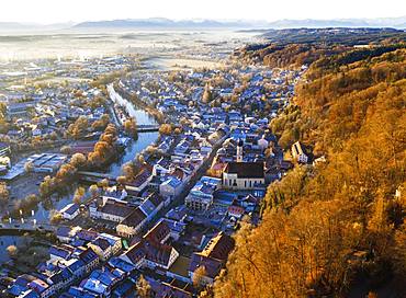 Old town Wolfratshausen with Loisach and mountain forest in winter, drone shot, alpine chain, foothills of the Alps, Upper Bavaria, Bavaria, Germany, Europe