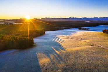 Sunrise, meadow landscape and forest near Jasberg near Dietramszell, drone picture, Alpine foreland, Upper Bavaria, Bavaria, Germany, Europe