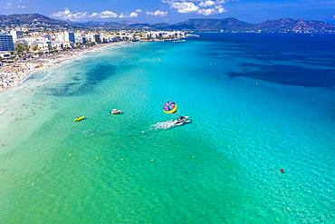 Aerial view, bathing bay of Cala Millor and Cala Bona, region Llevant, Majorca, Ballearen, Spain, Europe