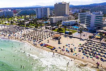 Aerial view, bathing bay of Cala Millor and Cala Bona, region Llevant, Majorca, Ballearen, Spain, Europe