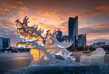 Iced sculpture, deer and carriage, New year street decoration, Ulaanbaatar city, Mongolia, Asia