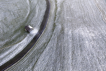 Drone shot, hay barn and field with hoarfrost from above, near Kochel, Upper Bavaria, Bavaria, Germany, Europe