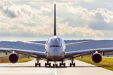 Lufthansa Airbus A 380 on the runway, Stuttgart, Baden-Wuerttemberg, Germany, Europe