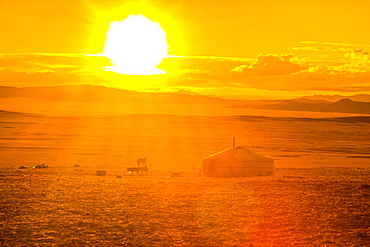 Yurt at sunset, nomadic life, Mongolian steppe, Mongolia, Asia