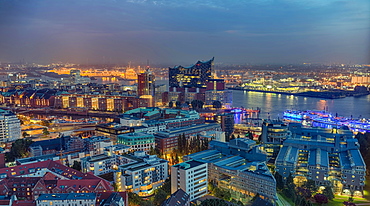 Aerial view, harbour area, Speicherstadt and Elbe Philharmonic Hall, at night, Hamburg, Germany, Europe