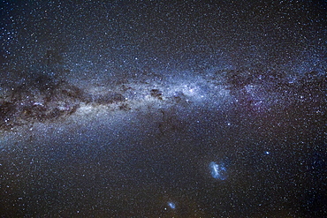 Milky Way with the two Magellanic Clouds in the New Zealand night sky, West Coast, New Zealand, Oceania