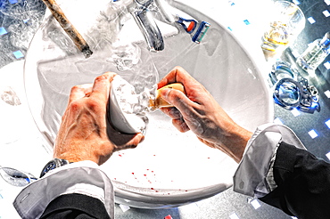 Man's hands, man shaves, touches shaving foam, Germany, Europe