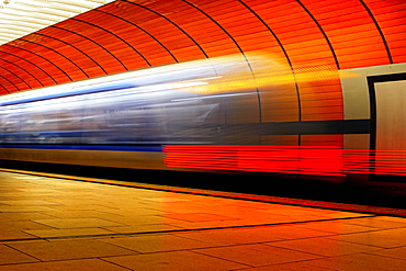 Light tracks of a moving subway, Munich, Germany, Europe