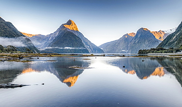 Mitre Peak is reflected in Milford Sound, Fiordland National Park, Southland Region, South Island, New Zealand, Oceania