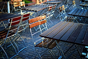 Empty tables in beer garden, Germany, Europe