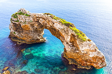 Rock gate Es Pontas in the sea, near Cala Santayi, near Santanyi, Migjorn region, drone shot, Majorca, Balearic Islands, Spain, Europe