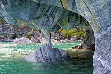 Marble Caves Sanctuary, Strange rock formations caused by water erosion, General Carrera Lake, Puerto Rio Tranquilo, Aysen Region, Patagonia, Chile, South America