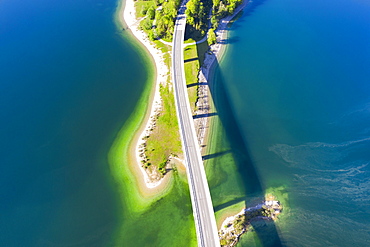 Faller-Klamm-Bridge, Sylvensteinsee, near Lenggries, Isarwinkel, drone recording, Upper Bavaria, Bavaria, Germany, Europe